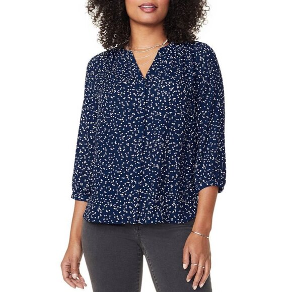 NYDJ Tops - NYDJ Pintuck Pleat Back Blouse Plus Size 1X Pisco Polka Dot Blue White 3/4 Sleev